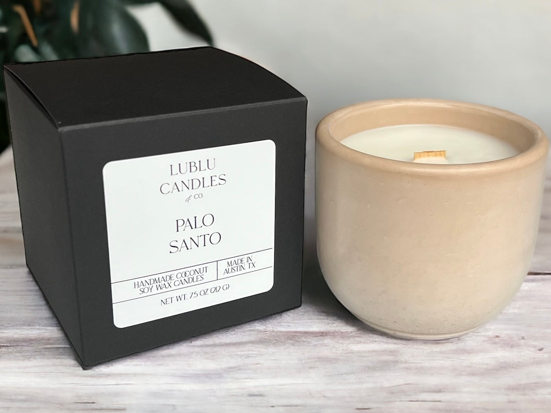 Palo santo candle in a beige cement jar